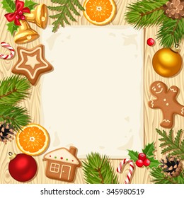 Vector Christmas card with fir branches, balls, bells, gingerbread cookies, candy canes, holly, cones and oranges on a wooden background.