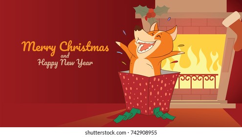 Vector Christmas card with fireplace, sock, mistletoe and with cartoon image of a cute orange dog sitting in a red festive box and smiling on a red background. Christmas, New Year, holiday.