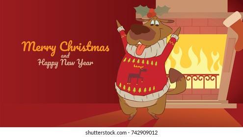 Vector Christmas card with fireplace, sock, mistletoe and with cartoon image of a cute brown dog in a red Christmas sweater standing and smiling on a red background. Christmas, New Year, holiday.