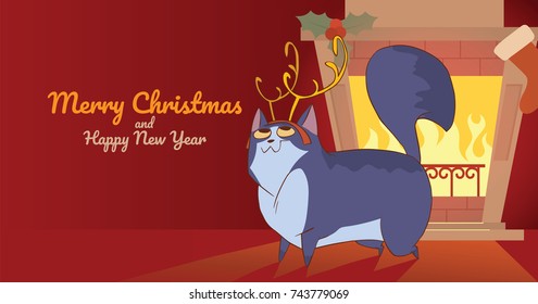 Vector Christmas card with fireplace, sock, mistletoe and with cartoon image of a cute blue cat with deer antlers standing and smiling on a red background. Christmas, New Year, holiday.