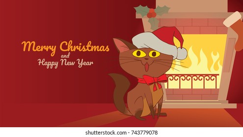 Vector Christmas card with fireplace, sock, mistletoe and with cartoon image of a cute brown cat in a red Santa's hat sitting and smiling on a red background. Christmas, New Year, holiday.