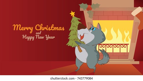 Vector Christmas card with fireplace, sock, mistletoe and with cartoon image of a cute gray dog with green Christmas tree in paws standing and smiling on a red background. Christmas, New Year, holiday