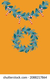 Vektor-Weihnachtskarte. flaches Bild von Postkarte mit Kiefernfadenbruch und Garland.