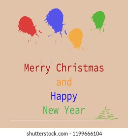 Vector Christmas card. Four Ink Splashes on Sand colored Background and Lettering: Merry Christmas and Happy New Year.