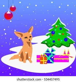 A vector christmas card with a fox cub, christmas tree and presents