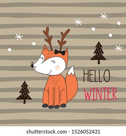 vector Christmas card with fox deer vector illustration