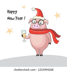 Vector Christmas card with fun pig. Symbol of year 2019 on white background