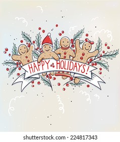 vector Christmas card with funny gingerbread men