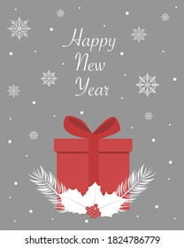 Vector christmas card with gift, mistletoe, pines and snowflakes