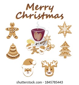 Vector of Christmas card with gingerbread cookies and cup of mulled. Set of isolated elements on white background


  