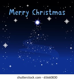 Vector Christmas card with glossy blue title "Merry Christmas" and abstract Christmas-tree