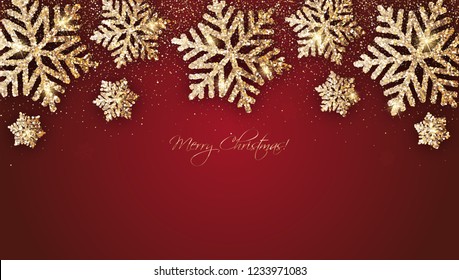 Tarjeta de Navidad vectorial con copos de nieve dorados y brillantes brillantes sobre fondo rojo "Feliz Navidad"