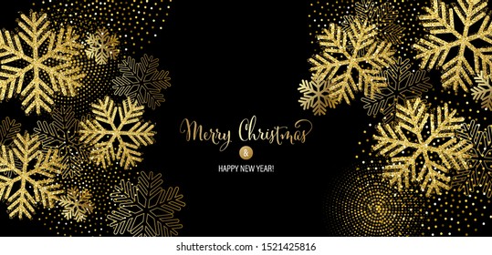 Vector Christmas card with gold snowflakes and glitter