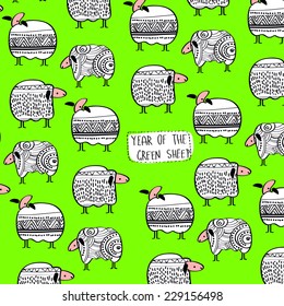 Vector christmas card with green cute doodle sheep