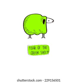 Vector christmas card with green cute doodle sheep