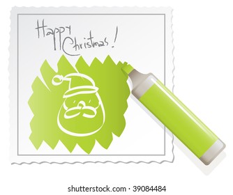 vector christmas card, green highlighter pen drawing santa on paper
