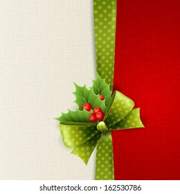 Vector Christmas card with green polka dots bow and holly
