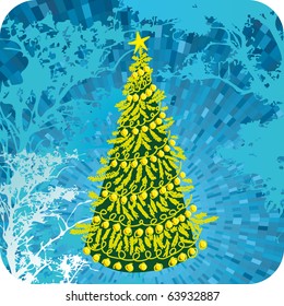 Cartão de Natal vetor com árvore de Natal verde e fundo azul