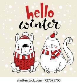 Vector Christmas card. Greeting card with cartoon dog and cat. Hello winter lettering