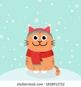 Vector Christmas card. Greeting card with snow and cartoon ginger cat in santa hats, winter headwear. Hello winter and Merry Christmas concept, eps 10 vector.