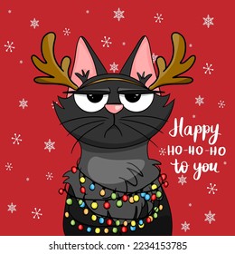 Vector christmas card with grumpy cat with garland character party time congratulatory funny postcards with slogans lettering. Cartoon flat style ideal for cards posters, social media.