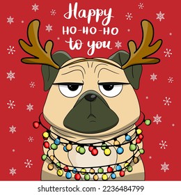 Vector christmas card with grumpy dog with garland character party time congratulatory funny postcards with slogans lettering. Cartoon flat style ideal for cards posters, social media.