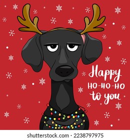 Vector christmas card with grumpy dog with garland character party time congratulatory funny postcards with slogans lettering. Cartoon flat style ideal for cards posters, social media.