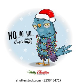 Vector christmas card with grumpy pigeon with garland character party time congratulatory funny postcards with slogans lettering. Cartoon flat style ideal for cards posters, social media.