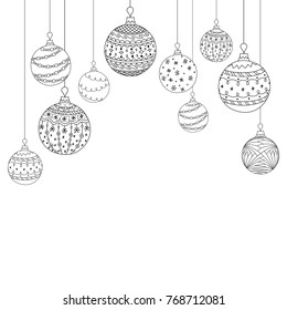 Vector Christmas card from  hand drawing christmas tree ball toys. Greeting invitation Christmas background. Coloring page book
