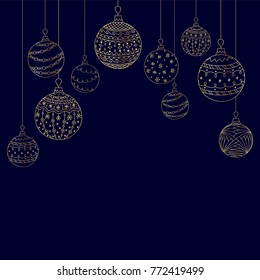 Vector Christmas card from  hand drawing golden christmas tree ball toys on dark background. Greeting invitation Christmas background.