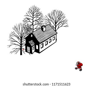 Vector Christmas card with hand drawn cute Santa Clause walking toward rural house. Ink drawing, graphic style