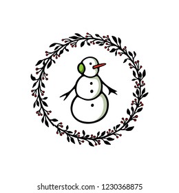 Vector Christmas card with hand drawn snowman in floral wreath. Beautiful ink drawing, vector emblem