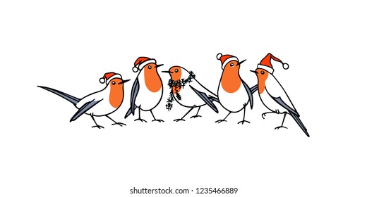 Vector Christmas card with hand drawn cute robin in Santa's hat. Ink drawing, beautiful animal design elements.