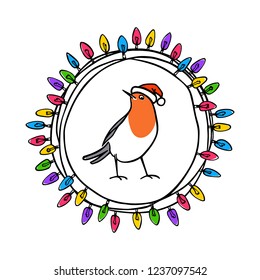 Vector Christmas card with hand drawn cute robin in festive garland wreath. Ink drawing, beautiful animal design elements.