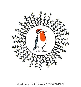 Vector Christmas card with hand drawn cute robin in festive garland wreath. Ink drawing, beautiful animal design elements.