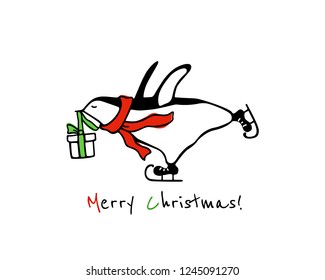Vector Christmas card with hand drawn cute penguin skating on ice with gift box in his beak. Ink drawing, funny illustration, beautiful animal design elements. 