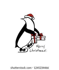 Vector Christmas card with hand drawn cute penguin skating on ice in Santa's hat with gift boxes. Ink drawing, funny illustration, beautiful animal design elements. 
