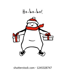 Vector Christmas card with hand drawn cute penguin skating on ice in Santa's hat with gift boxes. Ink drawing, funny illustration, beautiful animal design elements. 