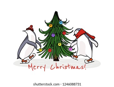 Vector Christmas card with hand drawn cute penguins skating on ice and decorating Christmas tree. Ink drawing, funny illustration, beautiful holidays design elements. 
