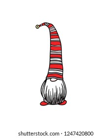 Vector Christmas card with hand drawn cute nisse in striped high cap. Ink drawing, funny illustration, beautiful holidays design elements. 