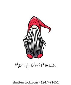 Vector Christmas card with hand drawn cute nisse in red cap. Ink drawing, funny illustration, beautiful holidays design elements. 