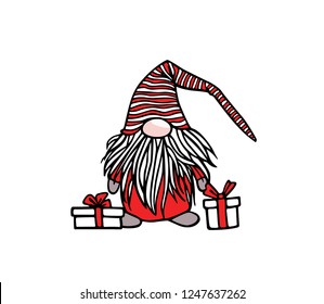 Vector Christmas card with hand drawn cute nisse in striped high cap. Ink drawing, funny illustration, beautiful holidays design elements. 