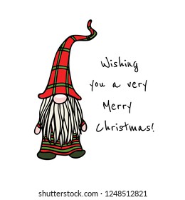 Vector Christmas card with hand drawn cute nisse in striped high cap. Ink drawing, funny illustration, beautiful holidays design elements. 