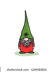 Vector Christmas card with hand drawn cute nisse in high cap. Ink drawing, funny illustration, beautiful holidays design elements. 