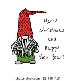 Vector Christmas card with hand drawn cute nisse in striped high cap. Ink drawing, funny illustration, beautiful holidays design elements. 