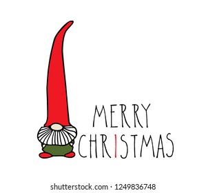 Vector Christmas card with hand drawn cute nisse in red high cap. Ink drawing, funny illustration, beautiful holidays design elements. 