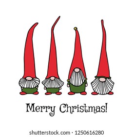 Vector Christmas card with hand drawn cute nisse in high caps. Ink drawing, funny illustration, beautiful holidays design elements. 