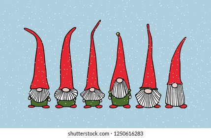 Vector Christmas card with hand drawn cute nisse in high caps. Ink drawing, funny illustration, beautiful holidays design elements. 