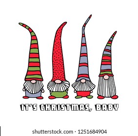 Vector Christmas card with hand drawn cute nisse in high caps. Ink drawing, funny illustration, beautiful holidays design elements. 