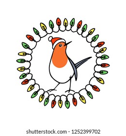 Vector Christmas card with hand drawn cute robin in festive garland wreath. Ink drawing, beautiful animal design elements.